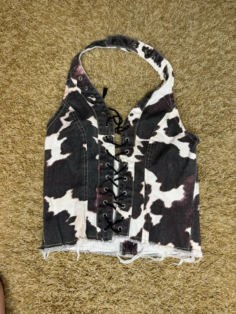 Distressed Cow Print Denim Halter - Picture 2 of 3